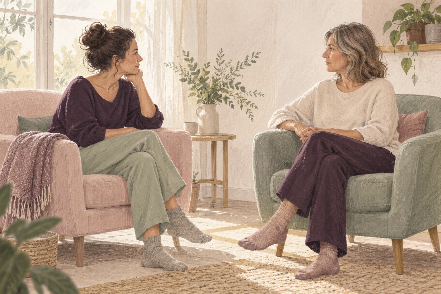 Illustration de deux adultes assis face à face dans des fauteuils, dans un espace calme.