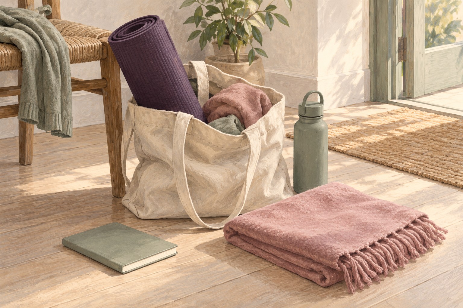 Illustration d’un sac en toile avec un tapis roulé, une couverture, une gourde et un carnet.