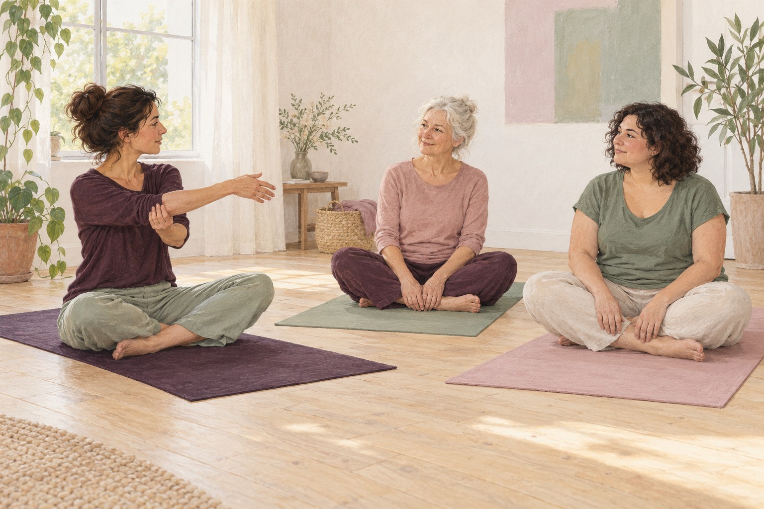Illustration de trois adultes assis sur des tapis, dans une pièce claire.